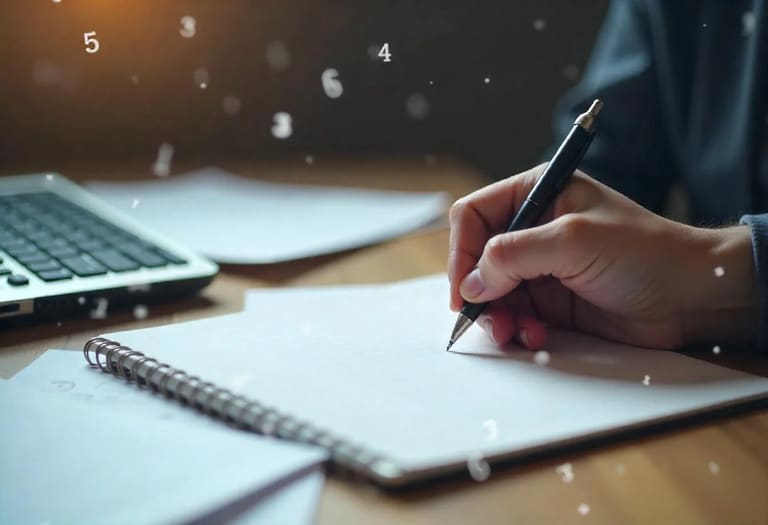 Pessoa resolvendo um desafio matemático enquanto escreve em um caderno, com números flutuando ao fundo, representando um enigma matemático