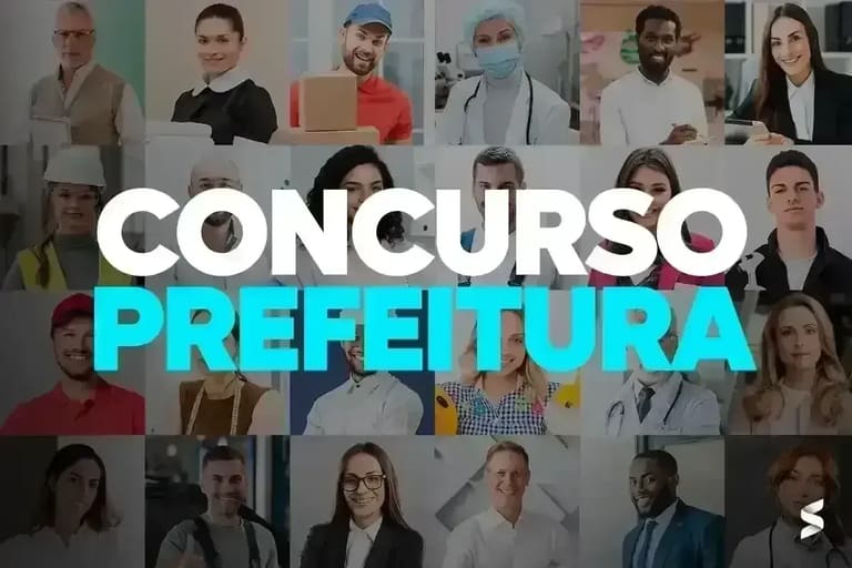 Diversas pessoas de diferentes profissões ilustrando as oportunidades oferecidas no concurso da Prefeitura do Rio de Janeiro.
