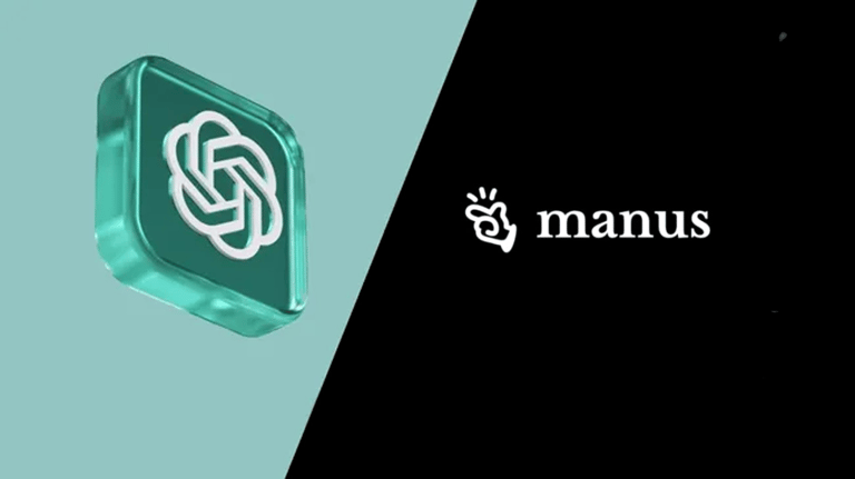 Inteligência Artificial: Logos do ChatGPT e do Manus lado a lado em fundo dividido nas cores verde e preto.