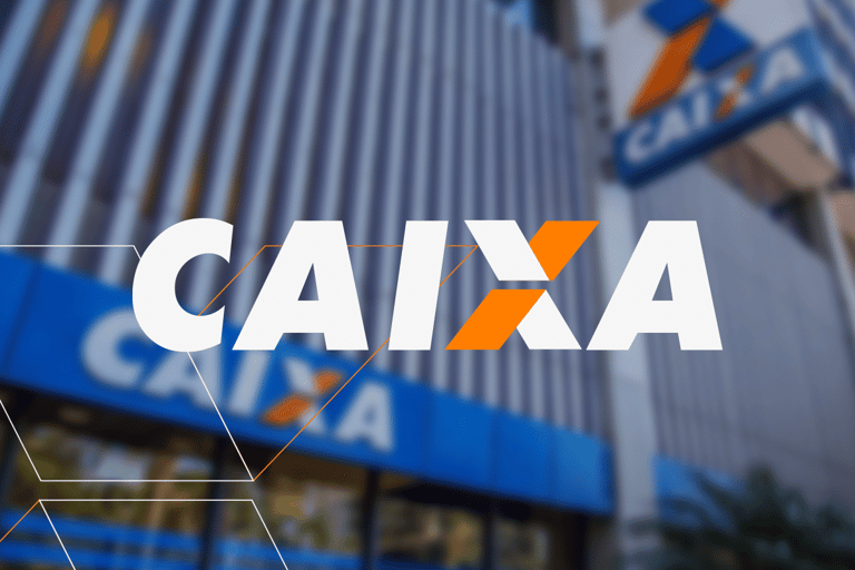 Logo CAIXA Econômica Federal em agência bancária anunciando novidades
