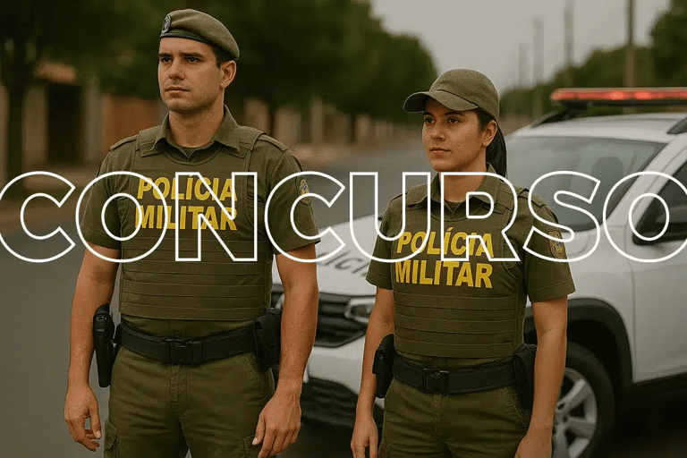 Concurso Polícia Militar Dois policiais militares em uniforme verde em patrulha ao lado de viatura policial com luzes acesas.