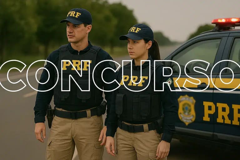 Dois agentes da Polícia Rodoviária Federal em uniforme, posando ao lado de um carro da PRF em uma estrada.