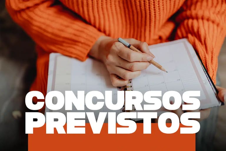 Pessoa com suéter laranja anotando em agenda de planejamento mensal para concursos previstos