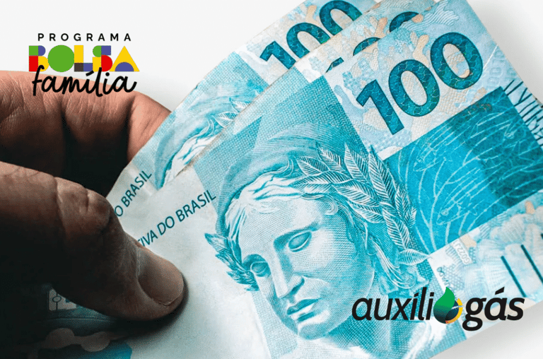 Imagem destacando os pagamentos do Bolsa Família e Auxílio Gás, com notas de 100 reais e logotipo dos programas de auxílio.