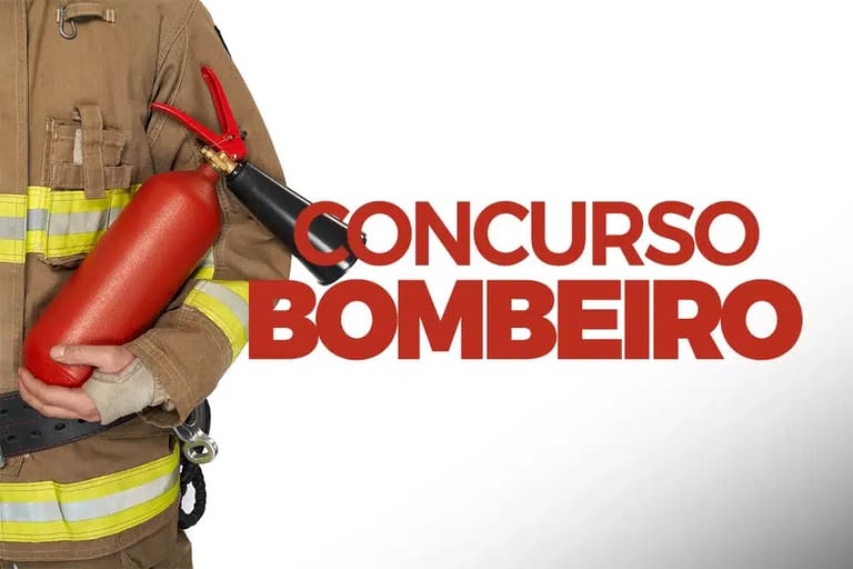 Bombeiro segurando extintor com texto Concurso Bombeiro em destaque