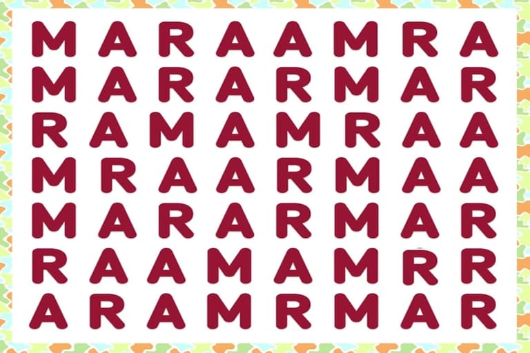 Letras vermelhas formando palavras embaralhadas em matriz, com destaque para o desafio de encontrar “Amar”