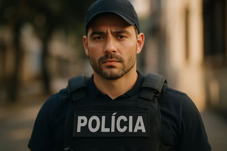 Policial fardado com colete tático e boné em ambiente urbano