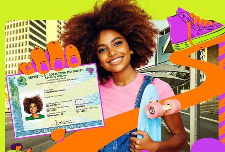 Jovem sorridente com nova Carteira de Identidade Nacional em arte colorida do SAC