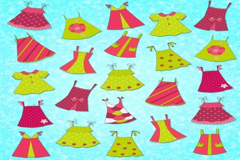 Teste visual com diversos vestidos infantis desenhados com padrões variados, organizados sobre um fundo azul