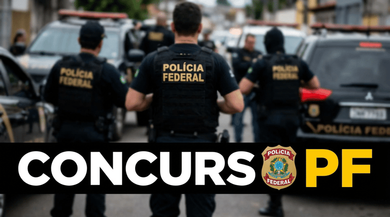 Policiais federais uniformizados em ação ao lado de viaturas oficiais em rua
