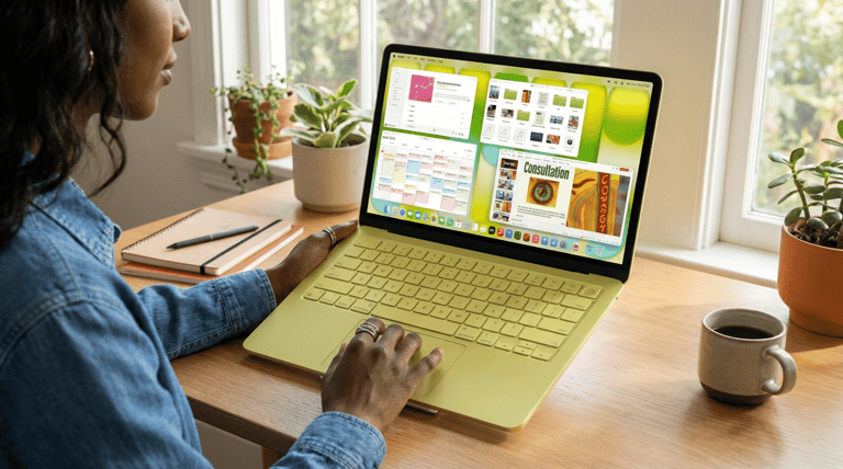 Mulher utiliza notebook amarelo em mesa de madeira com plantas e café ao lado