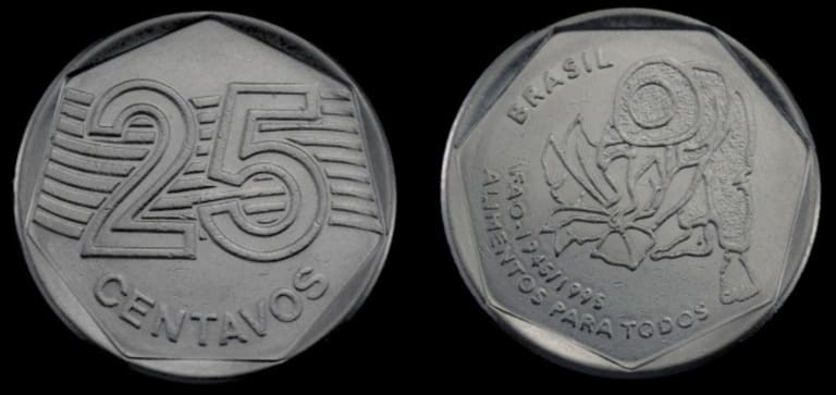Visão frontal e traseira da moeda de 25 centavos da FAU de 1995, mostrando o valor de face e a ilustração de um homem plantando com a frase "alimentos para todos".