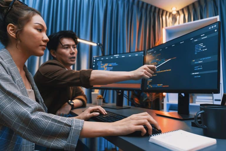 Profissionais analisando dados em computadores enquanto utilizam ferramentas de inteligência artificial para programação, marketing e análise financeira.