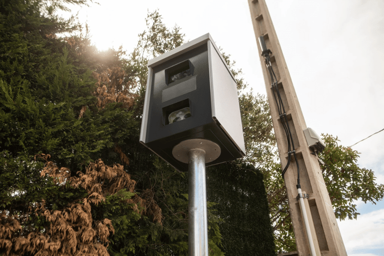 Radar fixo em poste monitora tráfego com árvores e céu claro ao fundo