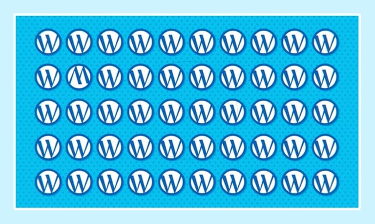Grade com 50 logos do WordPress em fundo azul, com um símbolo diferente na segunda linha para desafio visual