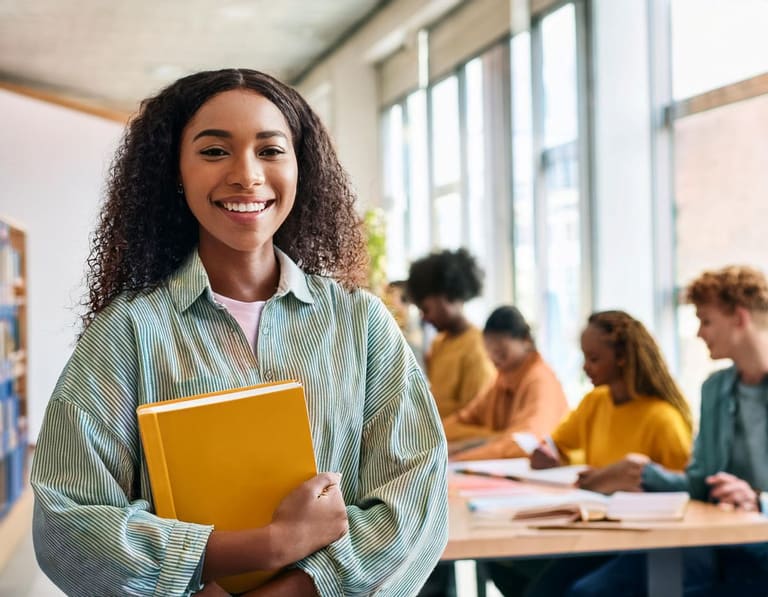 Estudante sorrindo com livros, representando o aumento da bolsa-estágio para 14 mil alunos.