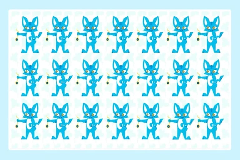 Grade com 21 gatos azuis em estilo desenho, braços abertos, organizados em 4 fileiras sobre fundo azul claro.