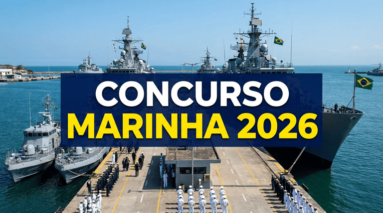 Navios de guerra da Marinha do Brasil em porto com militares em formação e bandeiras hasteadas