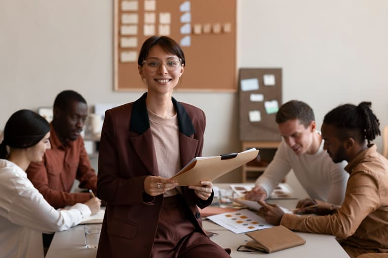Mulher sorridente de blazer marrom segurando pasta em pé diante de equipe trabalhando à mesa em escritório moderno