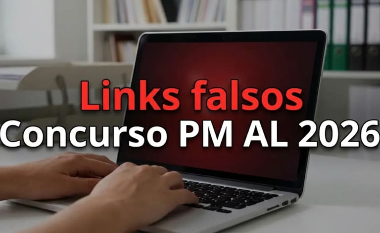 Homem utilizando notebook com aviso sobre links falsos relacionados ao concurso PM AL 2026