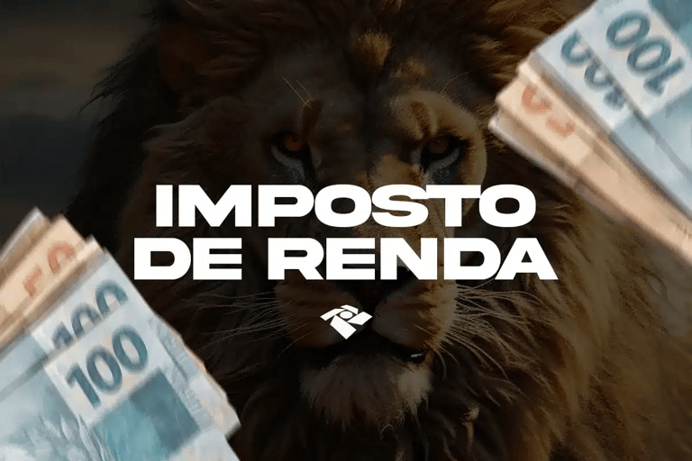 Imagem com leão simbolizando a Receita Federal ao lado de maços de notas de cem reais e logotipo do órgão