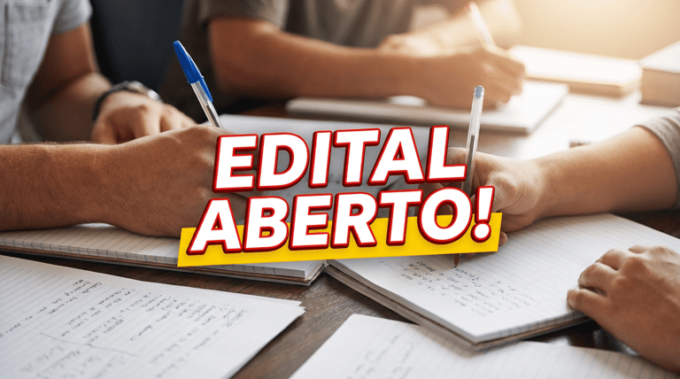 Candidatos estudam com canetas e cadernos sobre mesa de madeira, texto "Edital Aberto!" em destaque