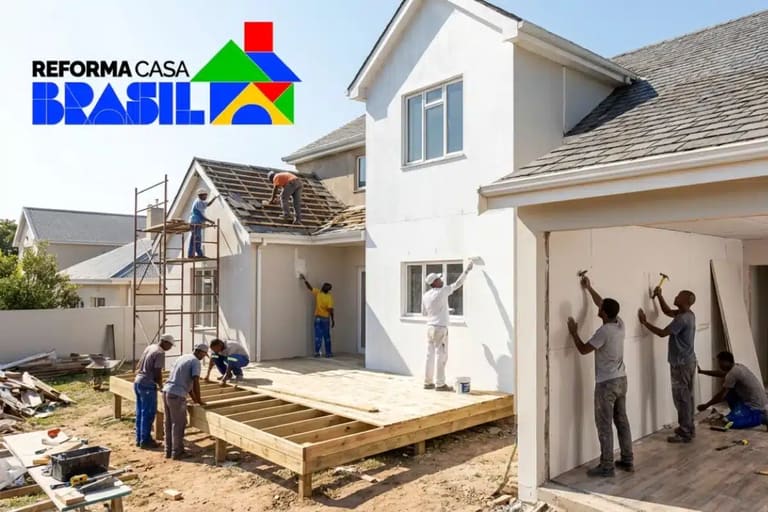 Reforma de casa com trabalhadores atuando em telhado, pintura e estrutura, relacionada ao programa Reforma Casa Brasil, anunciado pelo governo.