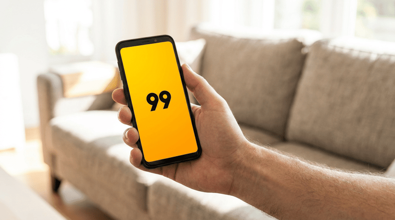 Mão masculina segurando celular com app 99 aberto na tela.