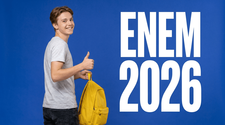 Jovem com camiseta cinza e mochila amarela faz sinal de positivo ao lado do texto ENEM 2026 sobre fundo azul.