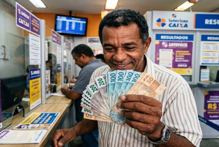Homem sorridente segura leque de notas de 50, 100 e 200 reais em ambiente de lotérica com logos da Caixa