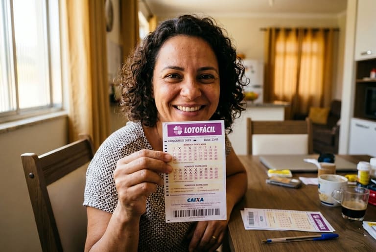 Mulher de cabelos cacheados escuros segura volante da Lotofácil, concurso 3693, com números marcados, sentada em sala de jantar