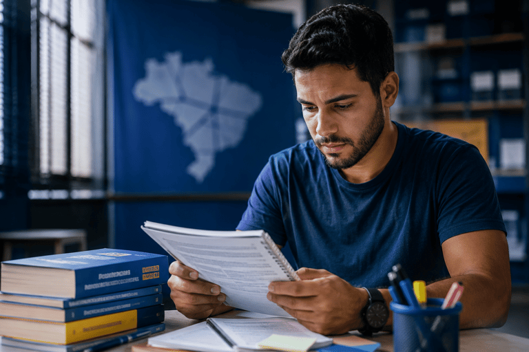 Concurso IBGE 2026 Jovem de barba lendo apostila em mesa de estudos com livros azuis e mapa do Brasil na parede.