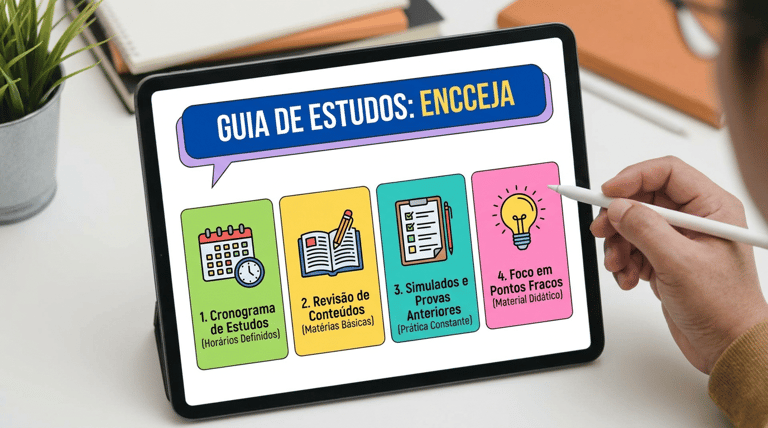 Tablet exibindo infográfico do ENCCEJA com cronograma, revisão, simulados e foco em pontos fracos.