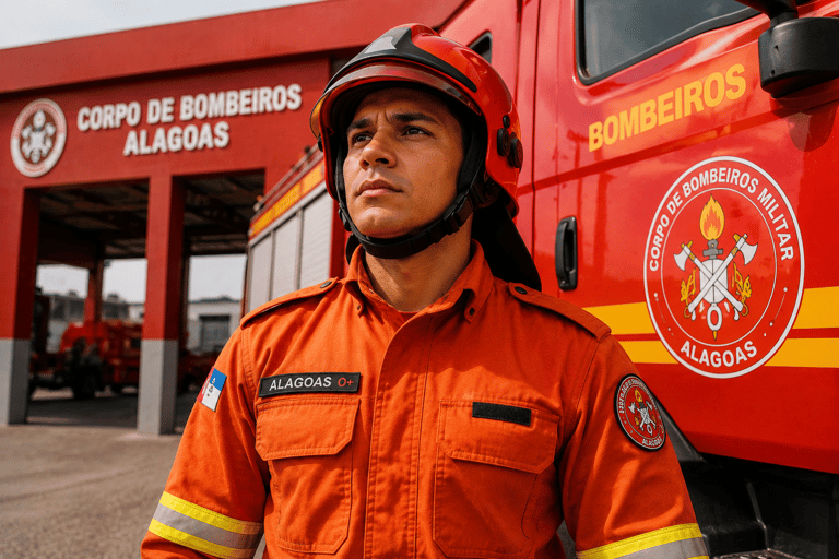 Bombeiro militar com uniforme laranja e capacete vermelho ao lado de viatura do Corpo de Bombeiros de Alagoas.
