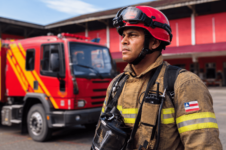 Bombeiro do CBM-BA com capacete vermelho e uniforme marrom, ao fundo caminhão vermelho e amarelo no quartel.
