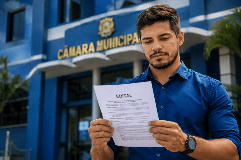 Homem de camisa azul segura documento com título "Edital" em frente ao prédio azul da Câmara Municipal.