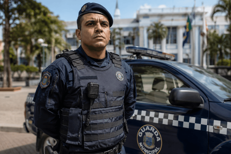 Guarda municipal fardado com colete balístico azul marinho ao lado de viatura com emblema da corporação.