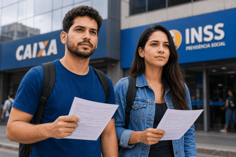 Homem de camiseta azul e mulher de jaqueta jeans seguram formulários em frente à agência da CAIXA e INSS.