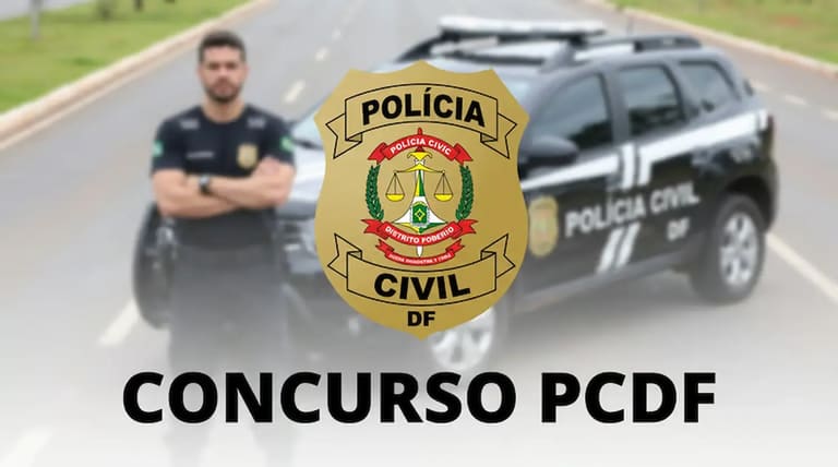 Imagem do concurso para delegado da PCDF com viatura, policial e brasão da Polícia Civil do Distrito Federal.