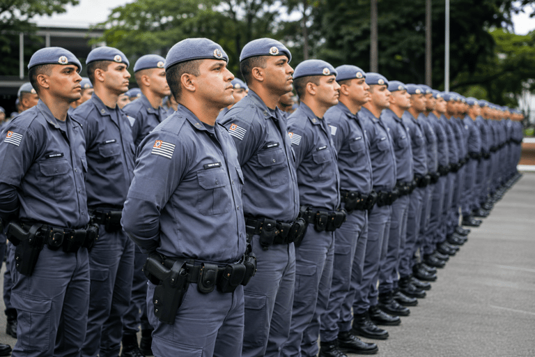 Concurso PM SP 2026 Soldados da Polícia Militar de SP enfileirados com uniformes azuis e boinas durante cerimônia de formatura.