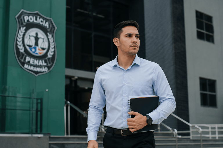 Homem de camisa azul clara segurando pastas e caderno em frente ao brasão da Polícia Penal do Maranhão.