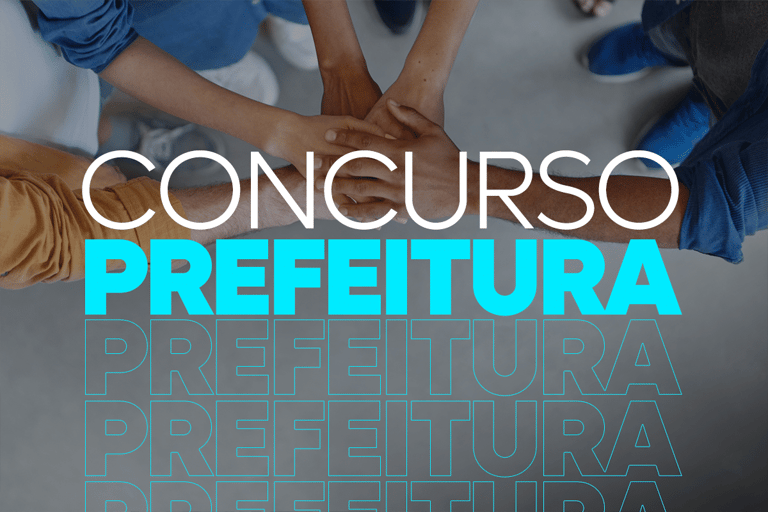 Concurso Prefeitura Mãos de diversas pessoas empilhadas ao centro formando gesto de união com texto "Concurso Prefeitura"