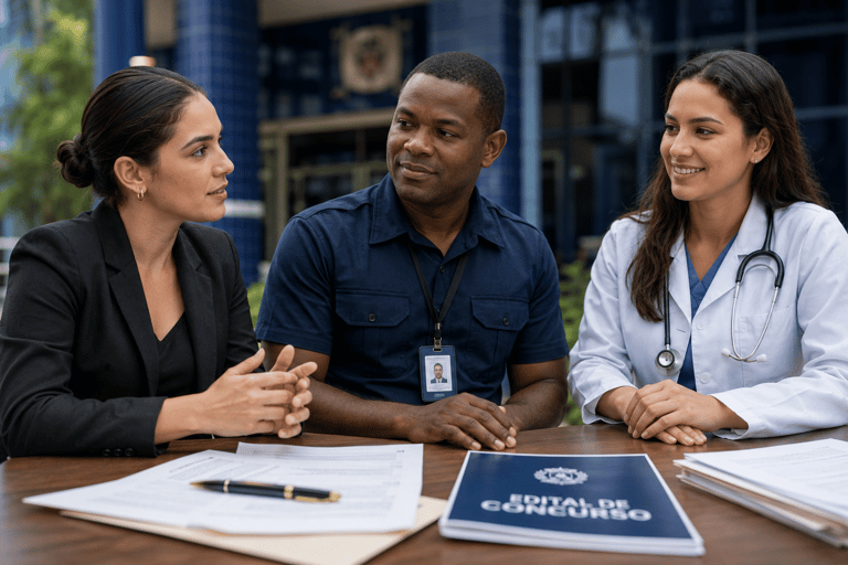 Três profissionais sentados à mesa analisam documentos com capa azul "Edital de Concurso" em ambiente externo.