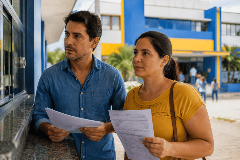 Homem e mulher segurando papéis frente a guichê de atendimento em prédio azul e amarelo com coqueiros ao fundo.
