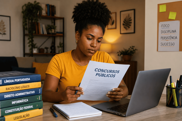 Concursos 2026 Mulher negra com camiseta amarela segura documento de Concursos Públicos, com livros e notebook na mesa.