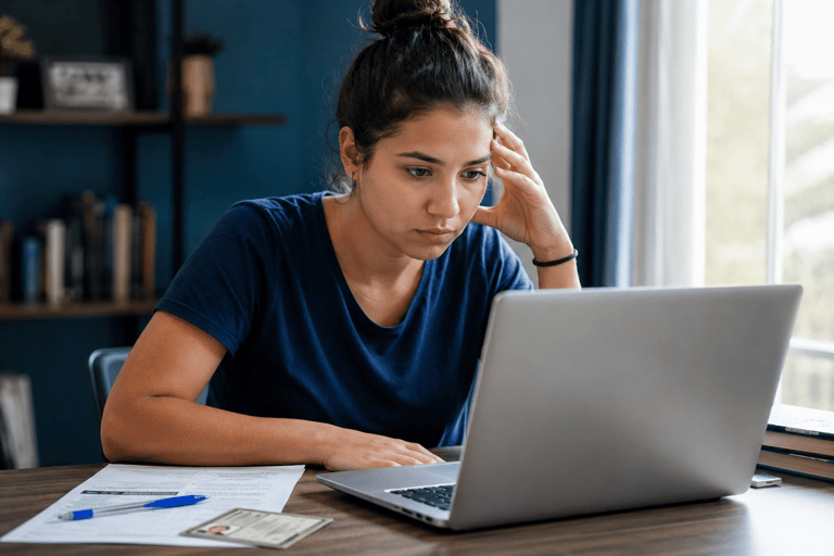 Mulher jovem de camiseta azul com coque no cabelo olha concentrada para laptop em mesa com documentos e RG.