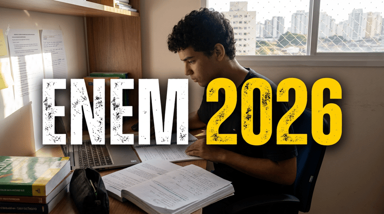 Jovem de cabelos cacheados estuda em mesa com livros, cadernos, notebook e texto "ENEM 2026" sobreposto.