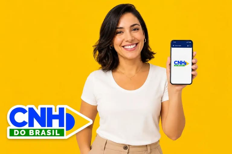Mulher segura celular com app da CNH do Brasil em fundo amarelo, destacando cursos teóricos gratuitos para tirar a CNH