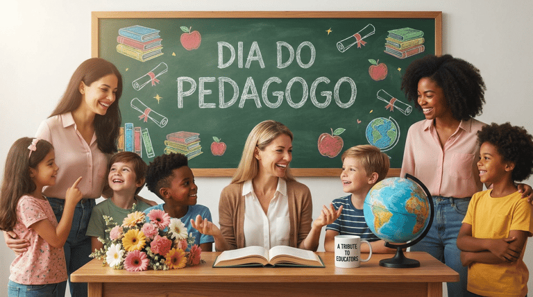 Três educadoras sorriem cercadas por crianças diversas, lousa verde com texto "Dia do Pedagogo", globo e flores.