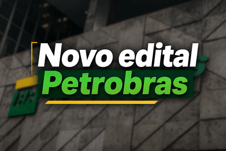Arte promocional sobre novo edital Petrobras 2026 com logo BR em fundo cinza corporativo e texto em verde e branco.